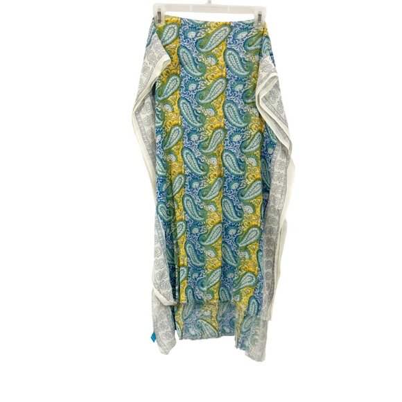 J. McLaughlin White Yellow Blue & Green Paisley Print Rectangle Scarf Silk Boho - Picture 2 of 6